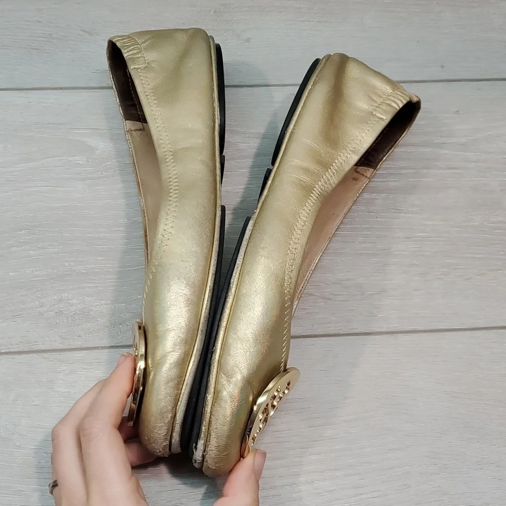 Tory Burch Women Logo Metallic MinnieLeather Gold Loafer Flat Ballet shoes sz 9M